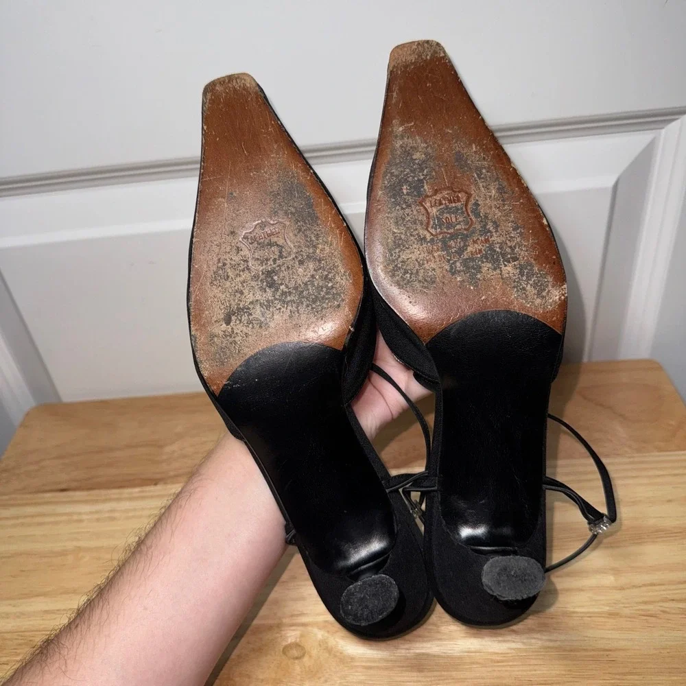 Stuart Weitzman Black Satin Pointed Toe Kitten Heels Rhinestone Straps Womens 8M